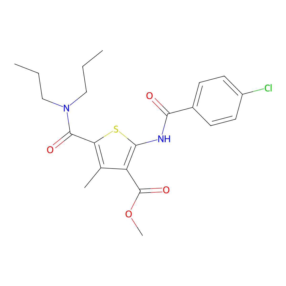 Methyl 2-(4-chlorobenzamido)-5-(dipropylcarbamoyl)-4-methylthiophene-3-carboxylate molecular structure, CAS 335407-21-1