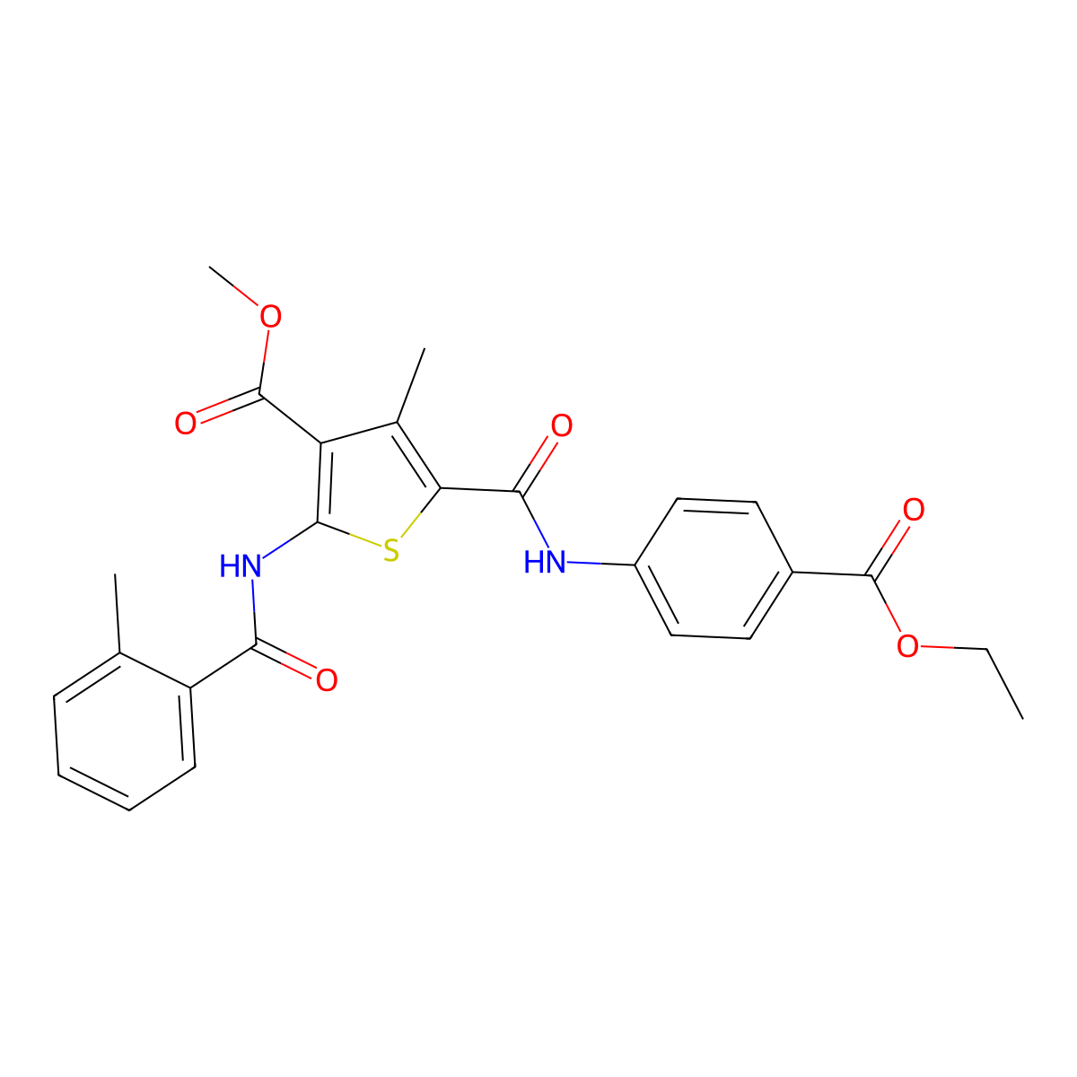 Methyl 5-((4-(ethoxycarbonyl)phenyl)carbamoyl)-4-methyl-2-(2-methylbenzamido)thiophene-3-carboxylate molecular structure, CAS 335407-53-9