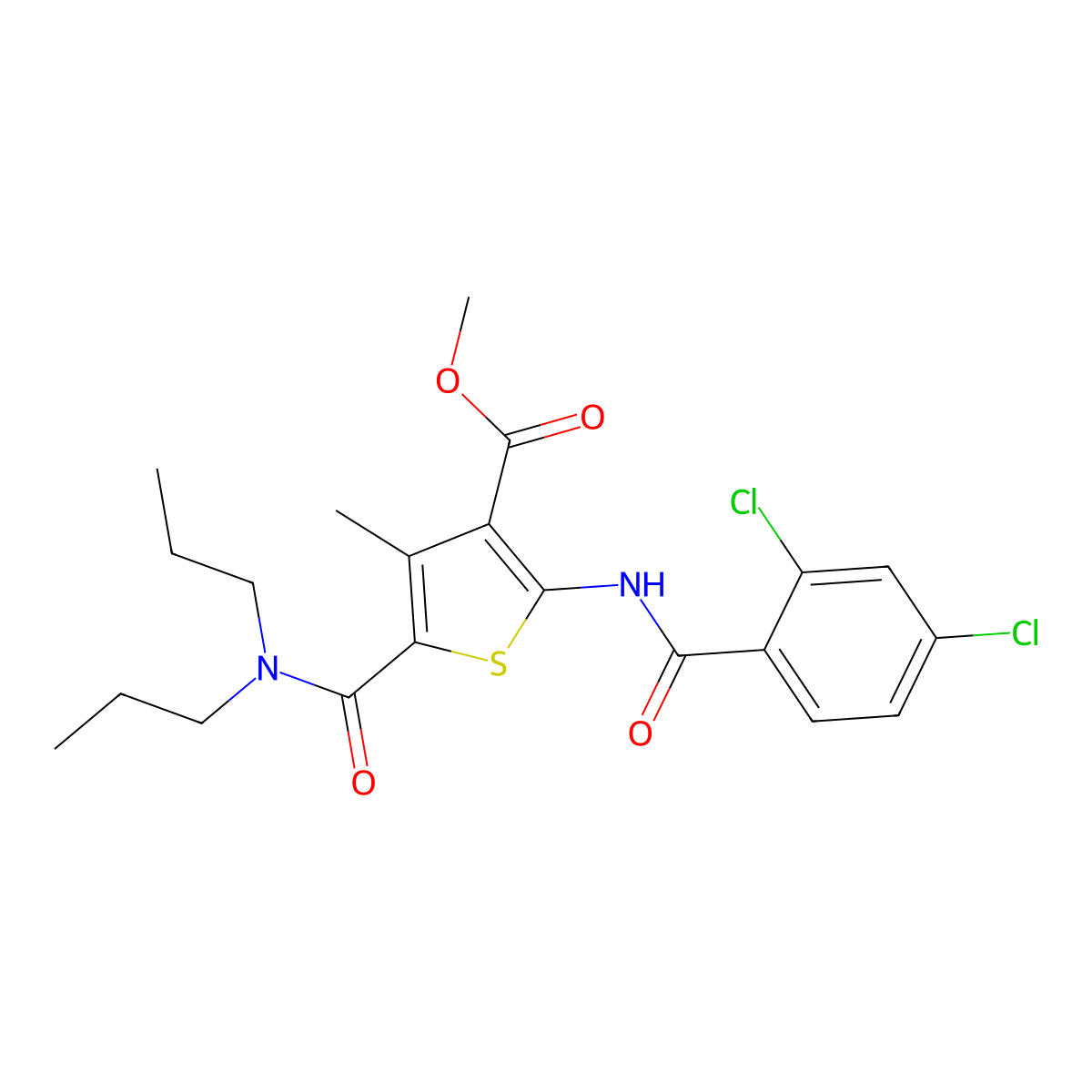 Methyl 2-(2,4-dichlorobenzamido)-5-(dipropylcarbamoyl)-4-methylthiophene-3-carboxylate molecular structure, CAS 335407-57-3