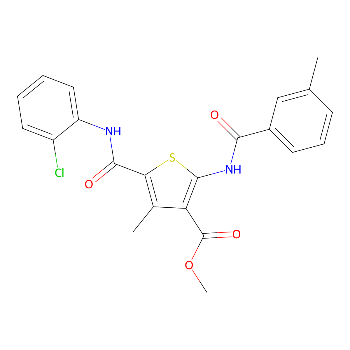 Methyl 5-((2-chlorophenyl)carbamoyl)-4-methyl-2-(3-methylbenzamido)thiophene-3-carboxylate molecular structure, CAS 335407-75-5