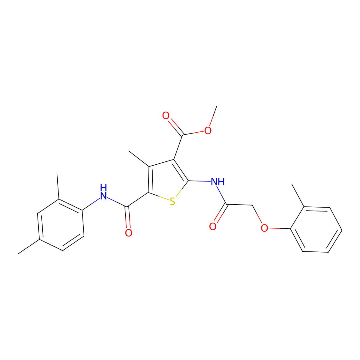 Methyl 5-((2,4-dimethylphenyl)carbamoyl)-4-methyl-2-(2-(o-tolyloxy)acetamido)thiophene-3-carboxylate molecular structure, CAS 335407-88-0