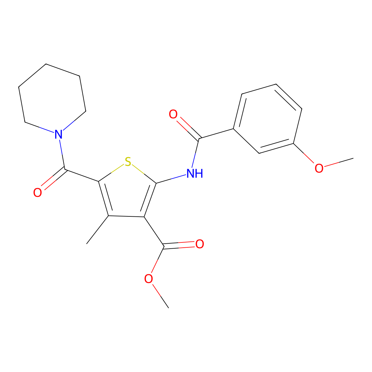Methyl 2-(3-methoxybenzamido)-4-methyl-5-(piperidine-1-carbonyl)thiophene-3-carboxylate molecular structure, CAS 335407-96-0