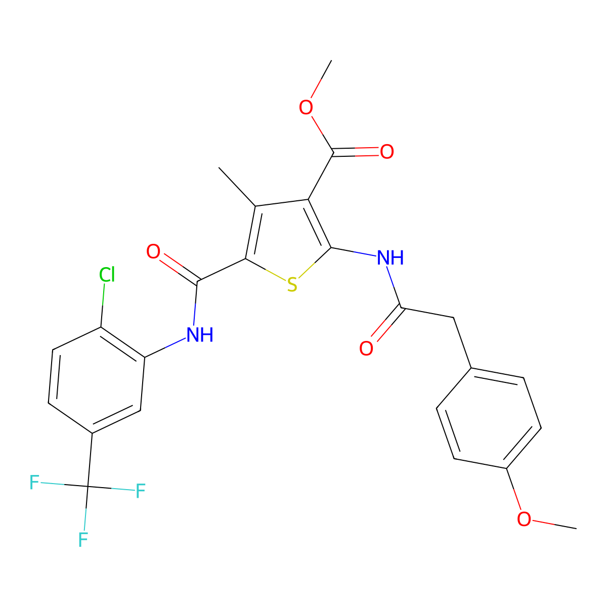 Methyl 5-((2-chloro-5-(trifluoromethyl)phenyl)carbamoyl)-2-(2-(4-methoxyphenyl)acetamido)-4-methylthiophene-3-carboxylate molecular structure, CAS 335407-97-1