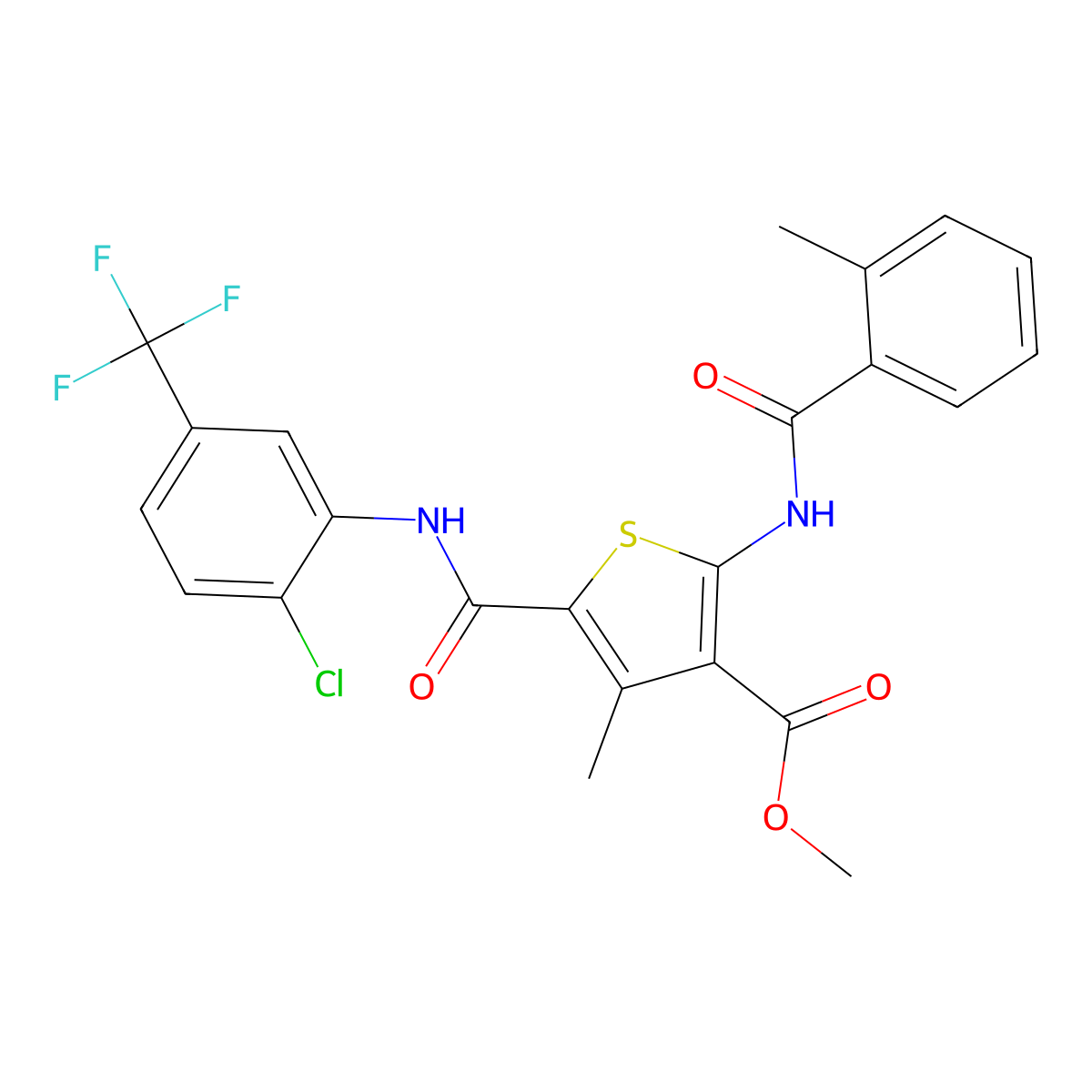 Methyl 5-((2-chloro-5-(trifluoromethyl)phenyl)carbamoyl)-4-methyl-2-(2-methylbenzamido)thiophene-3-carboxylate molecular structure, CAS 335408-04-3