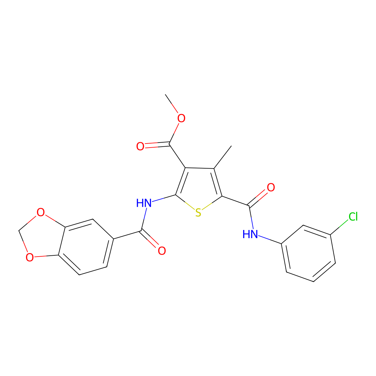 Methyl 2-(benzo[d][1,3]dioxole-5-carboxamido)-5-((3-chlorophenyl)carbamoyl)-4-methylthiophene-3-carboxylate molecular structure, CAS 335408-34-9