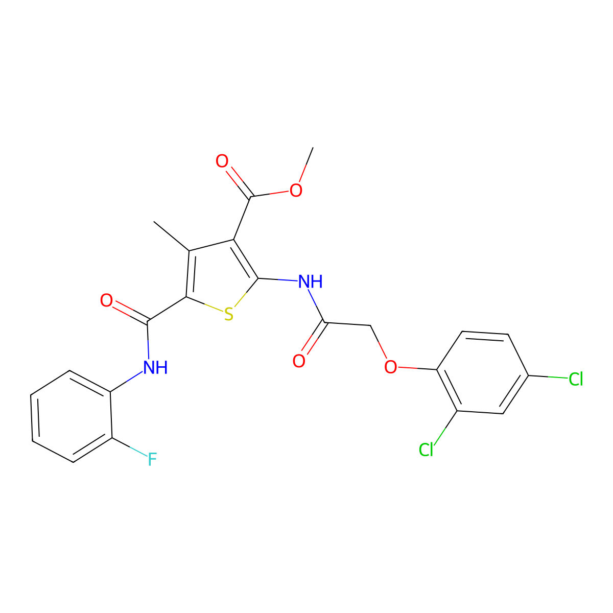 Methyl 2-(2-(2,4-dichlorophenoxy)acetamido)-5-((2-fluorophenyl)carbamoyl)-4-methylthiophene-3-carboxylate molecular structure, CAS 335408-44-1