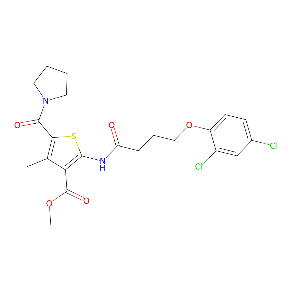 Methyl 2-(4-(2,4-dichlorophenoxy)butanamido)-4-methyl-5-(pyrrolidine-1-carbonyl)thiophene-3-carboxylate molecular structure, CAS 335408-47-4