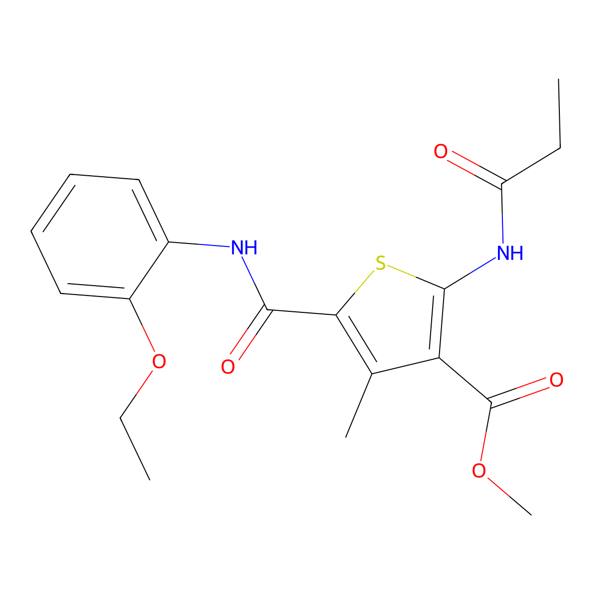 Methyl 5-((2-ethoxyphenyl)carbamoyl)-4-methyl-2-propionamidothiophene-3-carboxylate molecular structure, CAS 335408-67-8