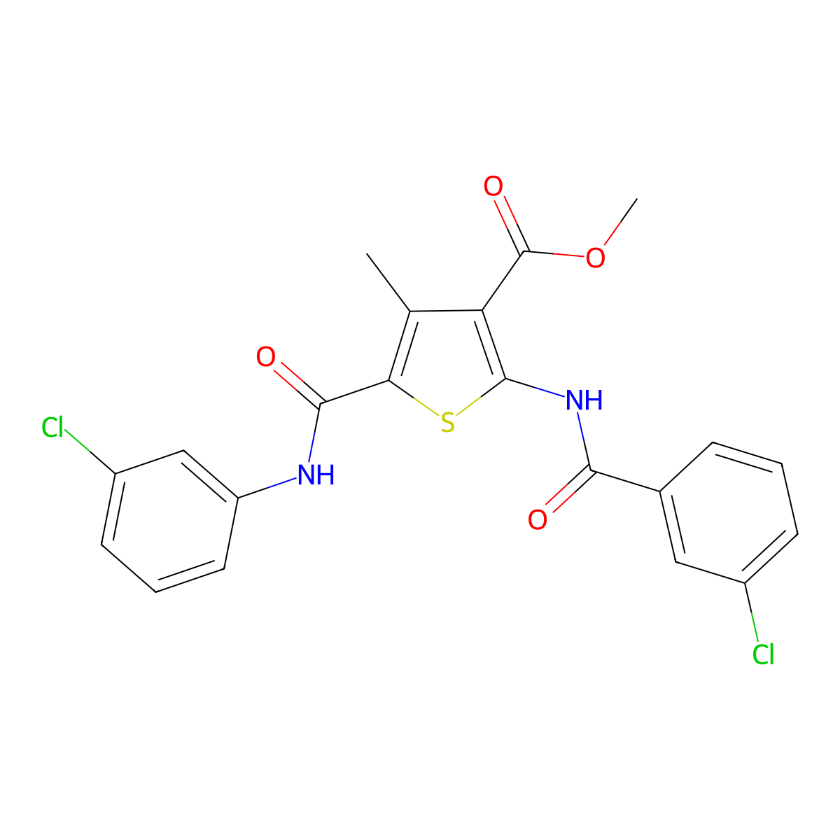 Methyl 2-(3-chlorobenzamido)-5-((3-chlorophenyl)carbamoyl)-4-methylthiophene-3-carboxylate molecular structure, CAS 335408-68-9
