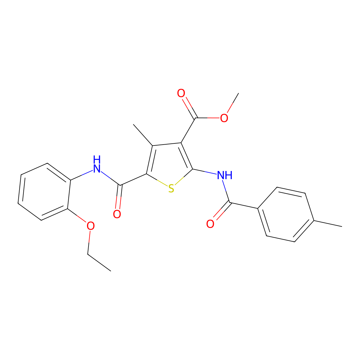 Methyl 5-((2-ethoxyphenyl)carbamoyl)-4-methyl-2-(4-methylbenzamido)thiophene-3-carboxylate molecular structure, CAS 335408-73-6