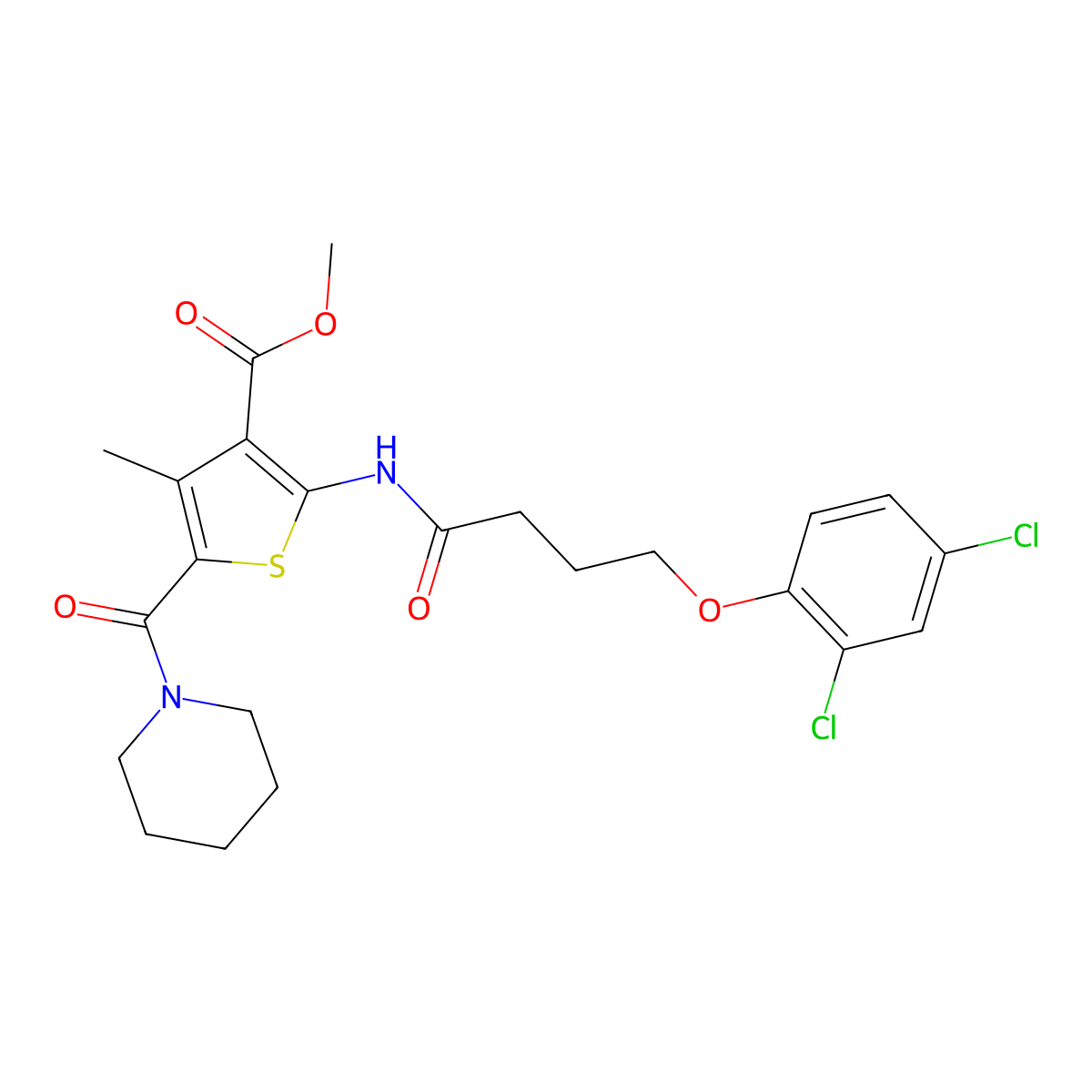 Methyl 2-(4-(2,4-dichlorophenoxy)butanamido)-4-methyl-5-(piperidine-1-carbonyl)thiophene-3-carboxylate molecular structure, CAS 335408-74-7