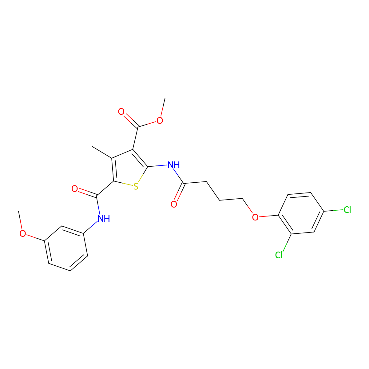 Methyl 2-(4-(2,4-dichlorophenoxy)butanamido)-5-((3-methoxyphenyl)carbamoyl)-4-methylthiophene-3-carboxylate molecular structure, CAS 335408-78-1