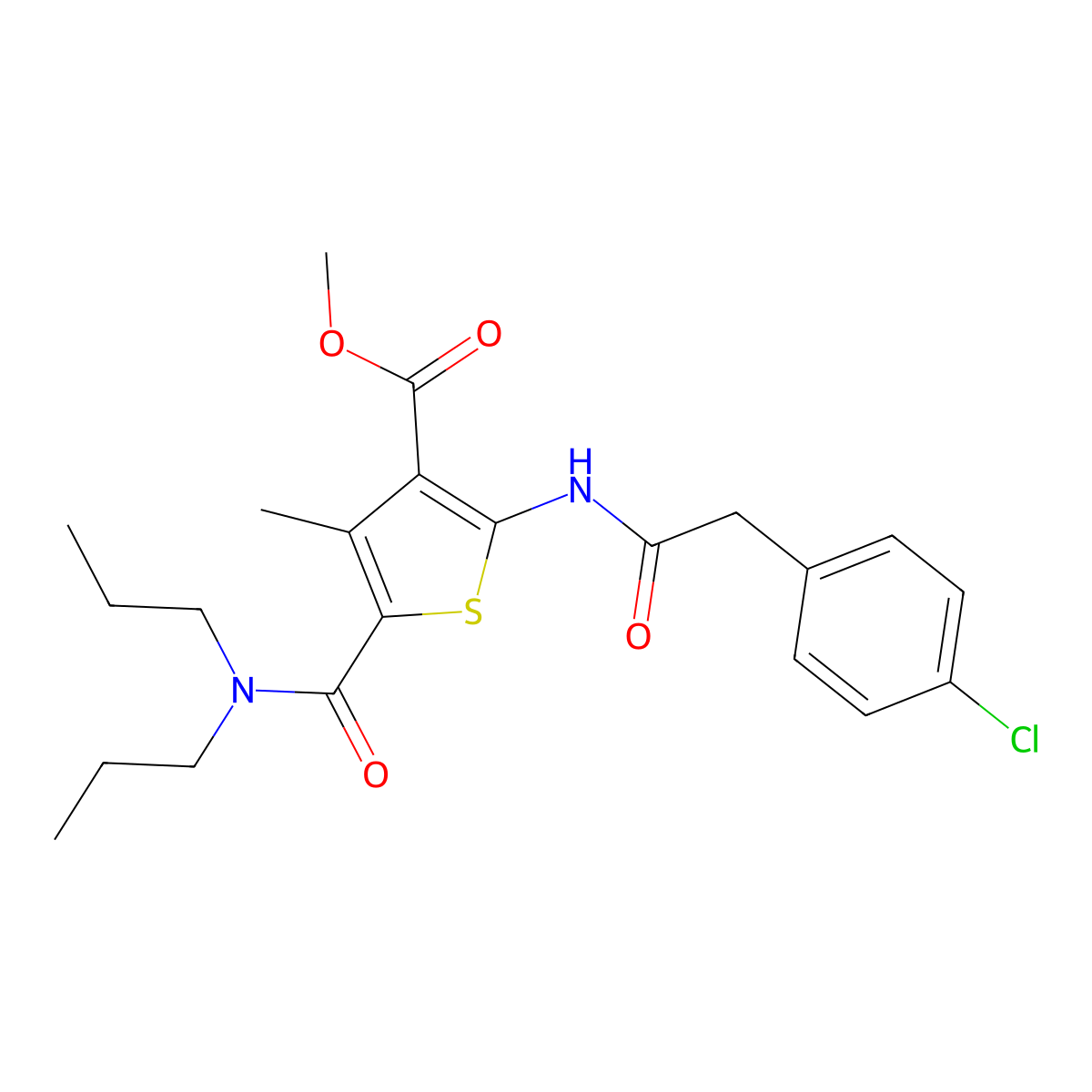 Methyl 2-(2-(4-chlorophenyl)acetamido)-5-(dipropylcarbamoyl)-4-methylthiophene-3-carboxylate molecular structure, CAS 335408-88-3