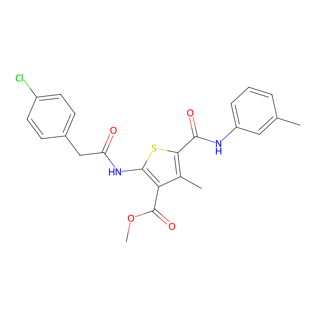 Methyl 2-(2-(4-chlorophenyl)acetamido)-4-methyl-5-(m-tolylcarbamoyl)thiophene-3-carboxylate molecular structure, CAS 335409-04-6