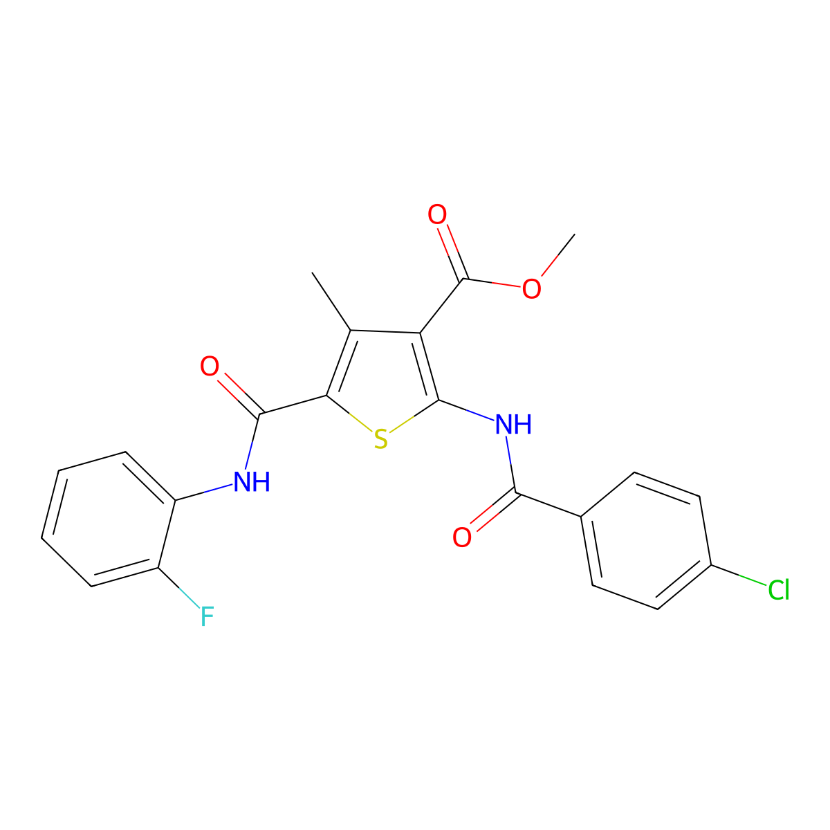 Methyl 2-(4-chlorobenzamido)-5-((2-fluorophenyl)carbamoyl)-4-methylthiophene-3-carboxylate molecular structure, CAS 335409-23-9