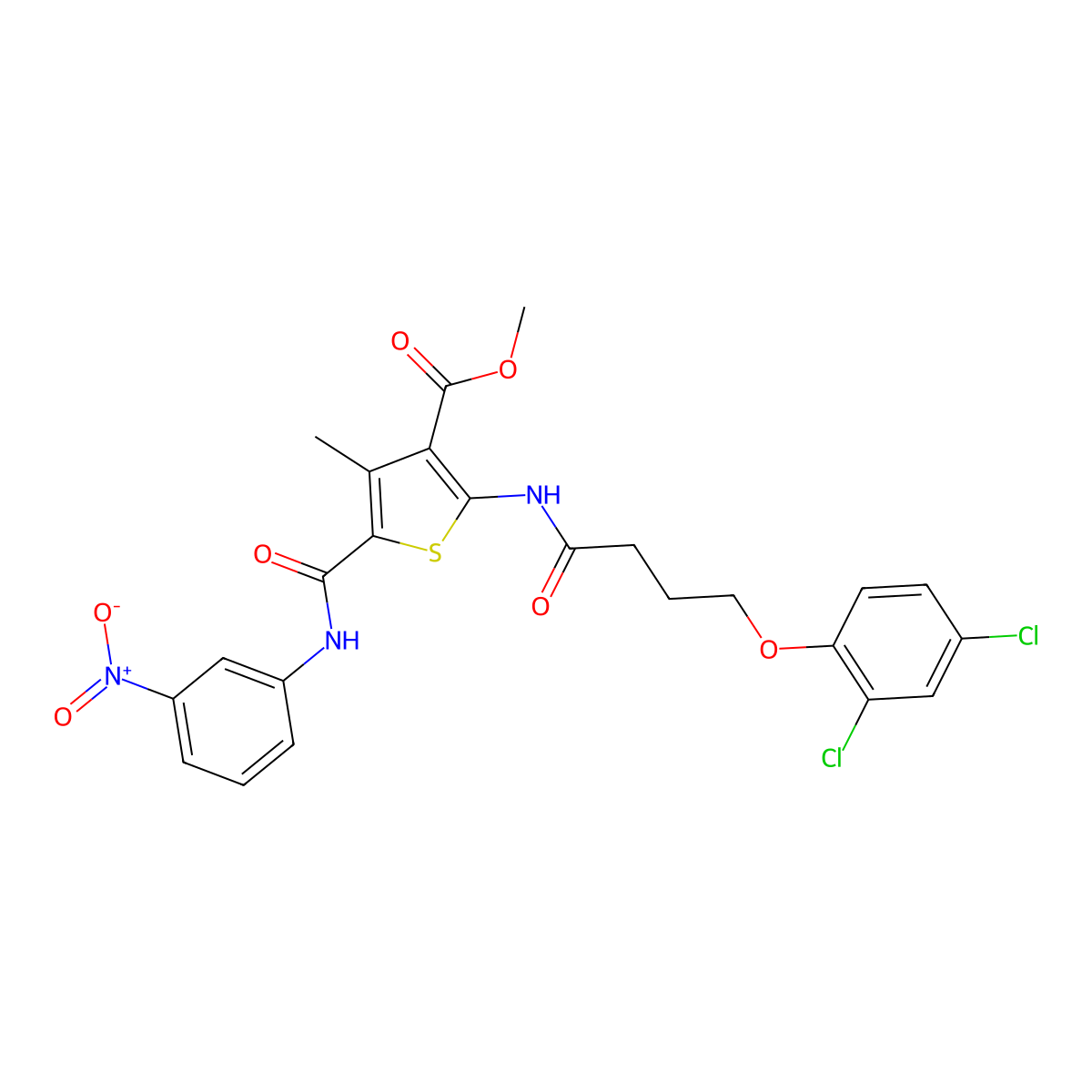Methyl 2-(4-(2,4-dichlorophenoxy)butanamido)-4-methyl-5-((3-nitrophenyl)carbamoyl)thiophene-3-carboxylate molecular structure, CAS 335409-25-1