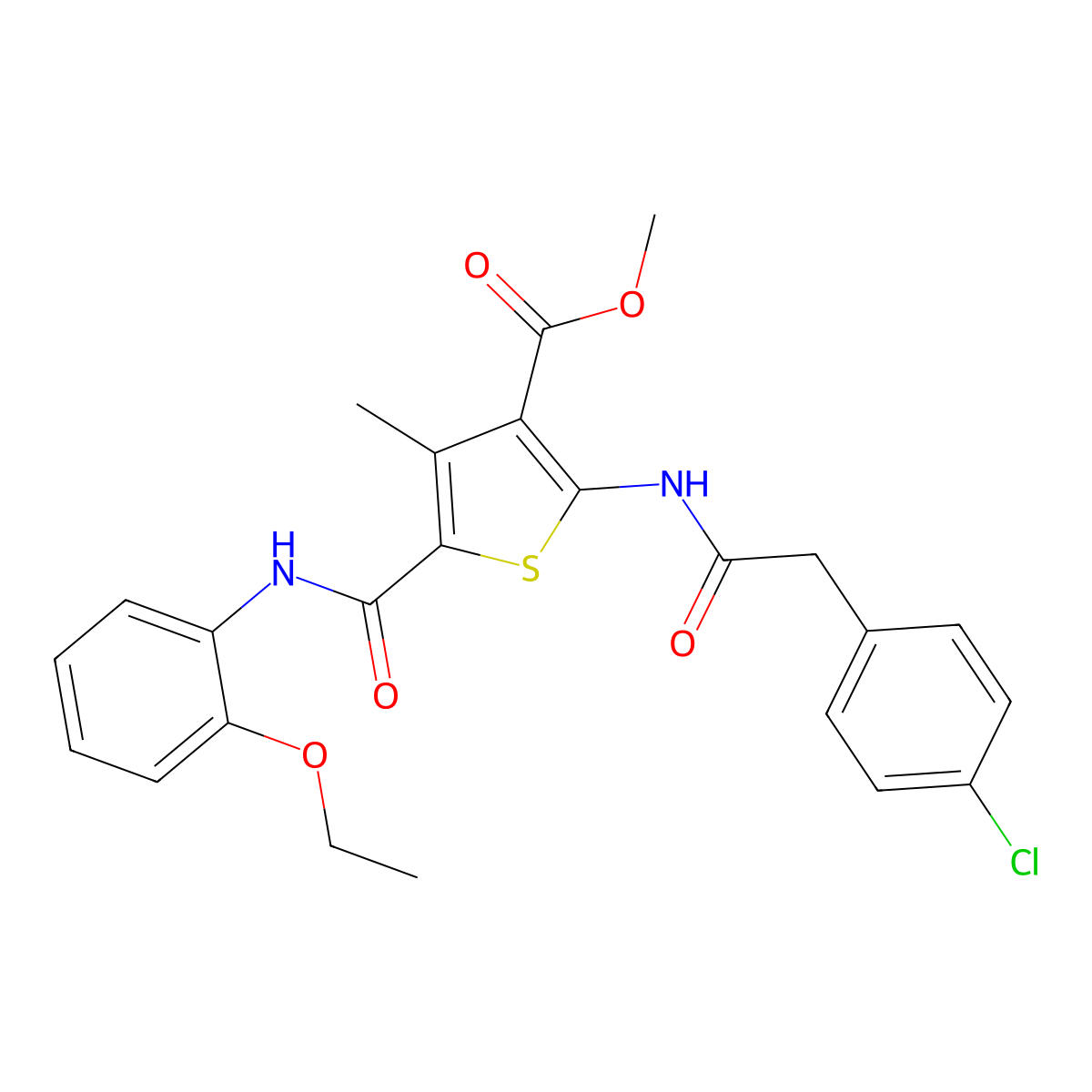 Methyl 2-(2-(4-chlorophenyl)acetamido)-5-((2-ethoxyphenyl)carbamoyl)-4-methylthiophene-3-carboxylate molecular structure, CAS 335409-31-9