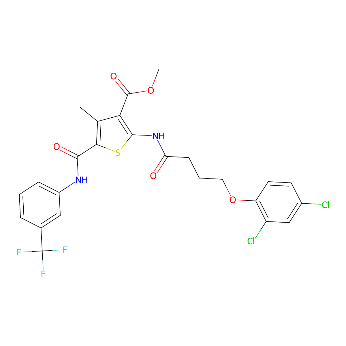 Methyl 2-(4-(2,4-dichlorophenoxy)butanamido)-4-methyl-5-((3-(trifluoromethyl)phenyl)carbamoyl)thiophene-3-carboxylate molecular structure, CAS 335409-42-2