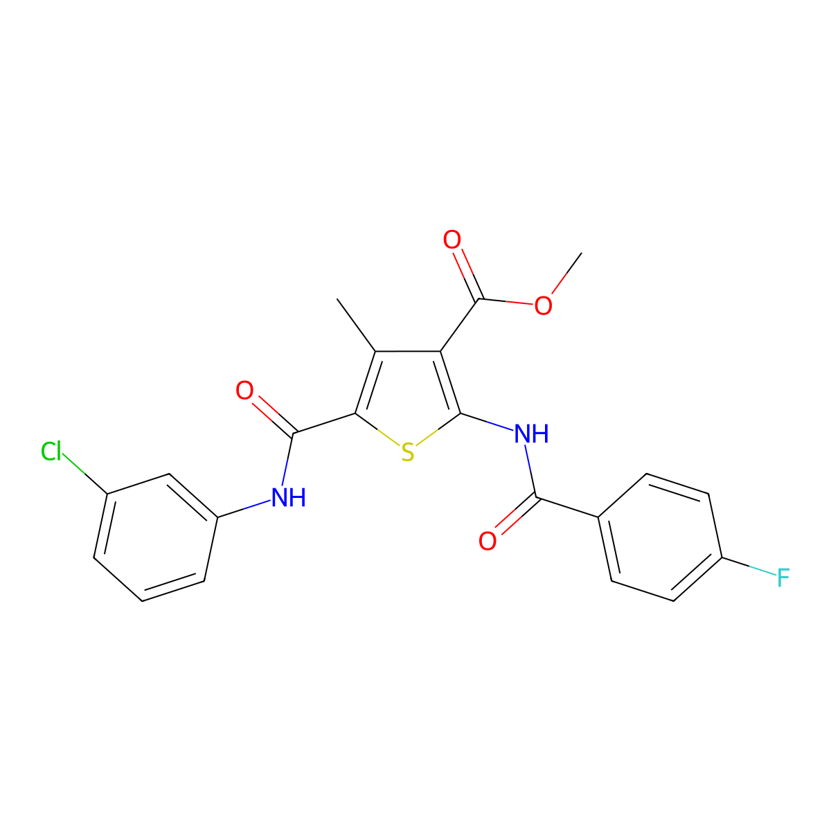 Methyl 5-((3-chlorophenyl)carbamoyl)-2-(4-fluorobenzamido)-4-methylthiophene-3-carboxylate molecular structure, CAS 335409-80-8