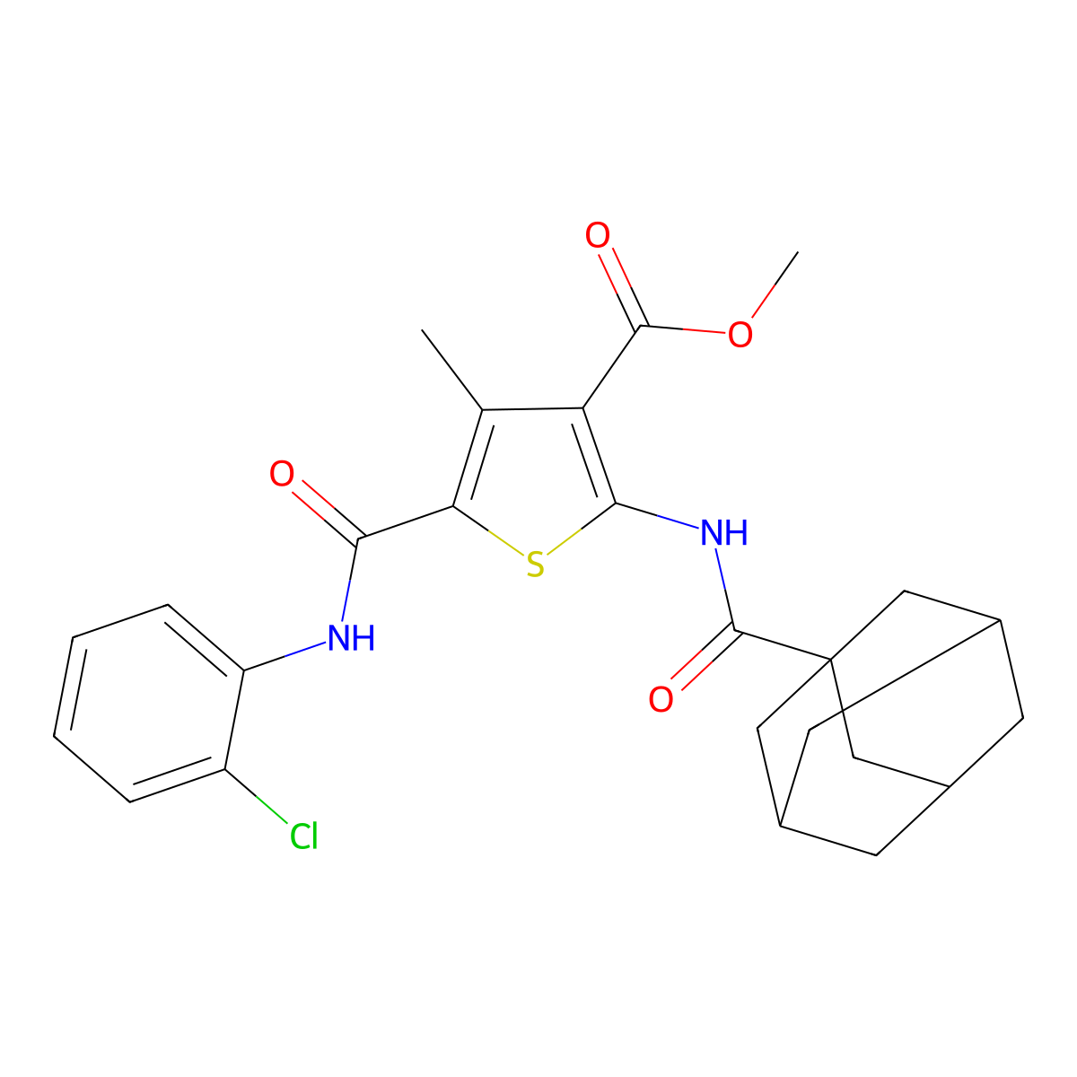 Methyl 2-(adamantane-1-carboxamido)-5-((2-chlorophenyl)carbamoyl)-4-methylthiophene-3-carboxylate molecular structure, CAS 335409-83-1