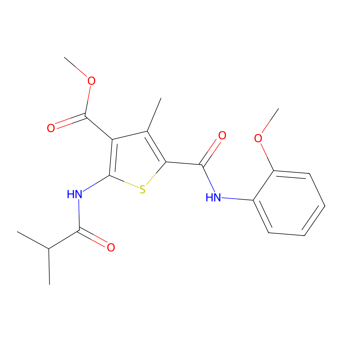 Methyl 2-isobutyramido-5-((2-methoxyphenyl)carbamoyl)-4-methylthiophene-3-carboxylate molecular structure, CAS 335409-88-6