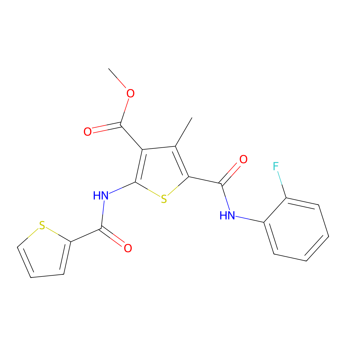 Methyl 5-((2-fluorophenyl)carbamoyl)-4-methyl-2-(thiophene-2-carboxamido)thiophene-3-carboxylate molecular structure, CAS 335409-92-2