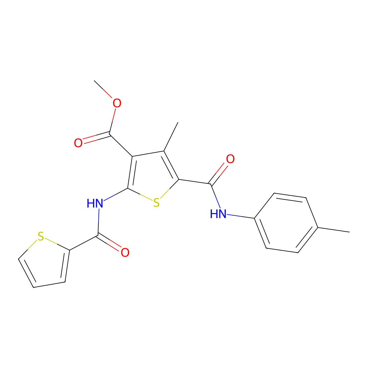 Methyl 4-methyl-2-(thiophene-2-carboxamido)-5-(p-tolylcarbamoyl)thiophene-3-carboxylate molecular structure, CAS 335409-99-9