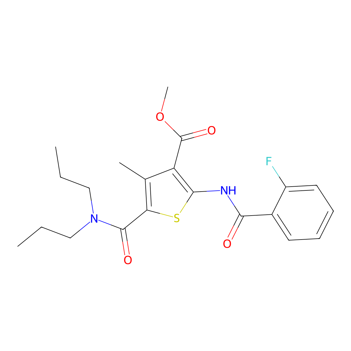 Methyl 5-(dipropylcarbamoyl)-2-(2-fluorobenzamido)-4-methylthiophene-3-carboxylate molecular structure, CAS 335410-03-2
