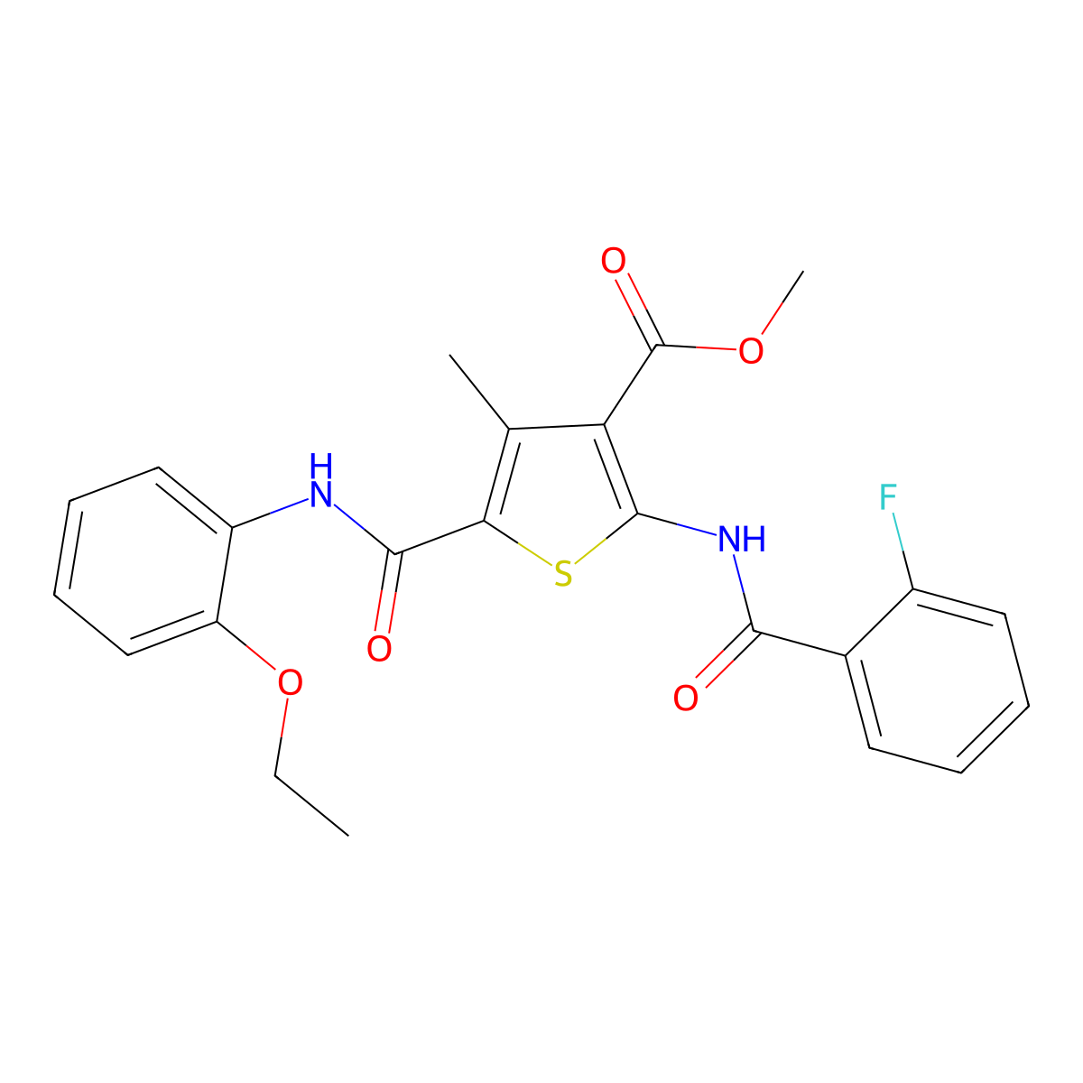 Methyl 5-((2-ethoxyphenyl)carbamoyl)-2-(2-fluorobenzamido)-4-methylthiophene-3-carboxylate molecular structure, CAS 335410-33-8