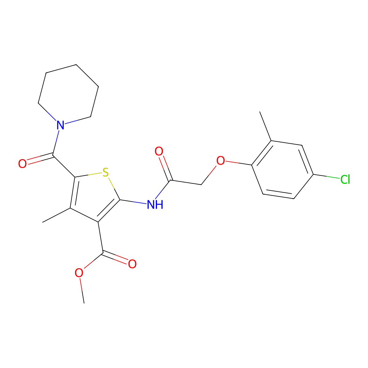 Methyl 2-(2-(4-chloro-2-methylphenoxy)acetamido)-4-methyl-5-(piperidine-1-carbonyl)thiophene-3-carboxylate molecular structure, CAS 335410-34-9