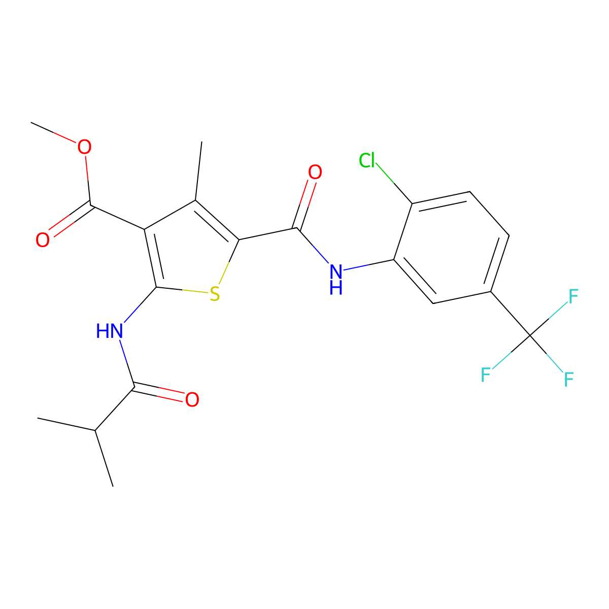 Methyl 5-((2-chloro-5-(trifluoromethyl)phenyl)carbamoyl)-2-isobutyramido-4-methylthiophene-3-carboxylate molecular structure, CAS 335410-54-3