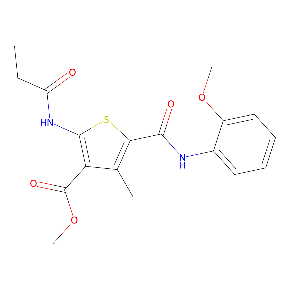 Methyl 5-((2-methoxyphenyl)carbamoyl)-4-methyl-2-propionamidothiophene-3-carboxylate molecular structure, CAS 335410-55-4