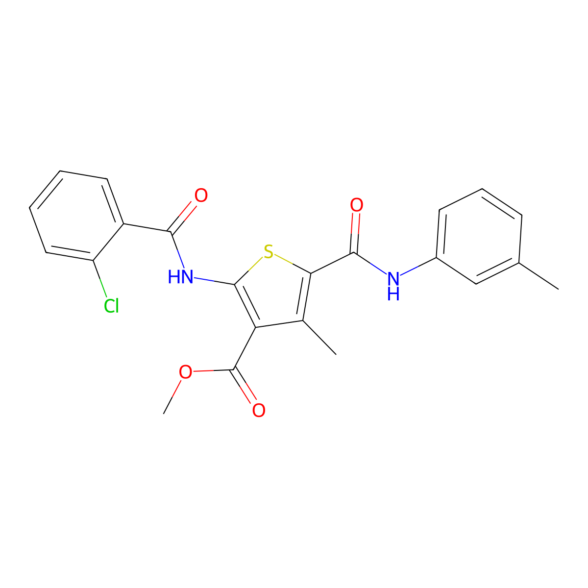 Methyl 2-(2-chlorobenzamido)-4-methyl-5-(m-tolylcarbamoyl)thiophene-3-carboxylate molecular structure, CAS 335410-67-8