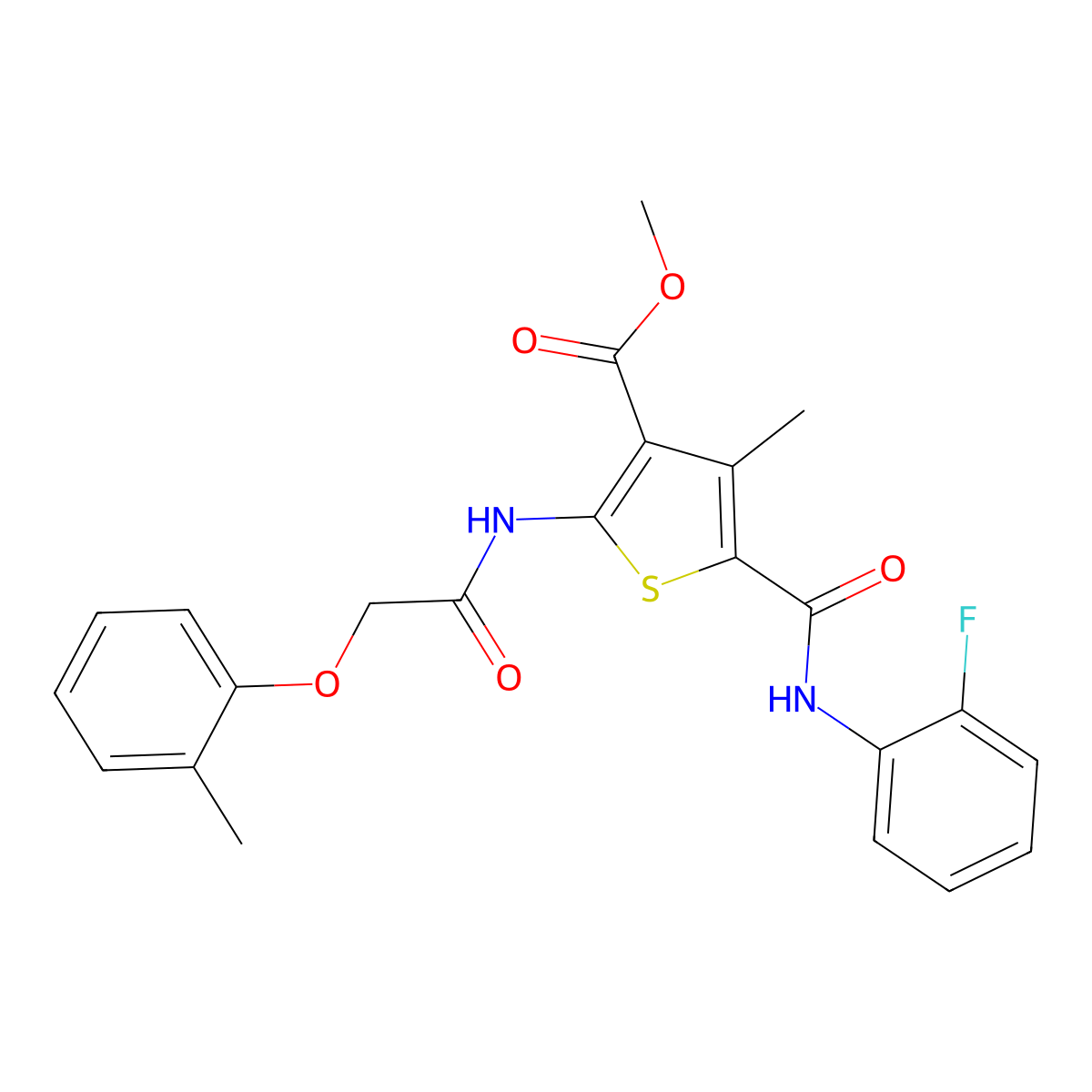 Methyl 5-((2-fluorophenyl)carbamoyl)-4-methyl-2-(2-(o-tolyloxy)acetamido)thiophene-3-carboxylate molecular structure, CAS 335410-72-5