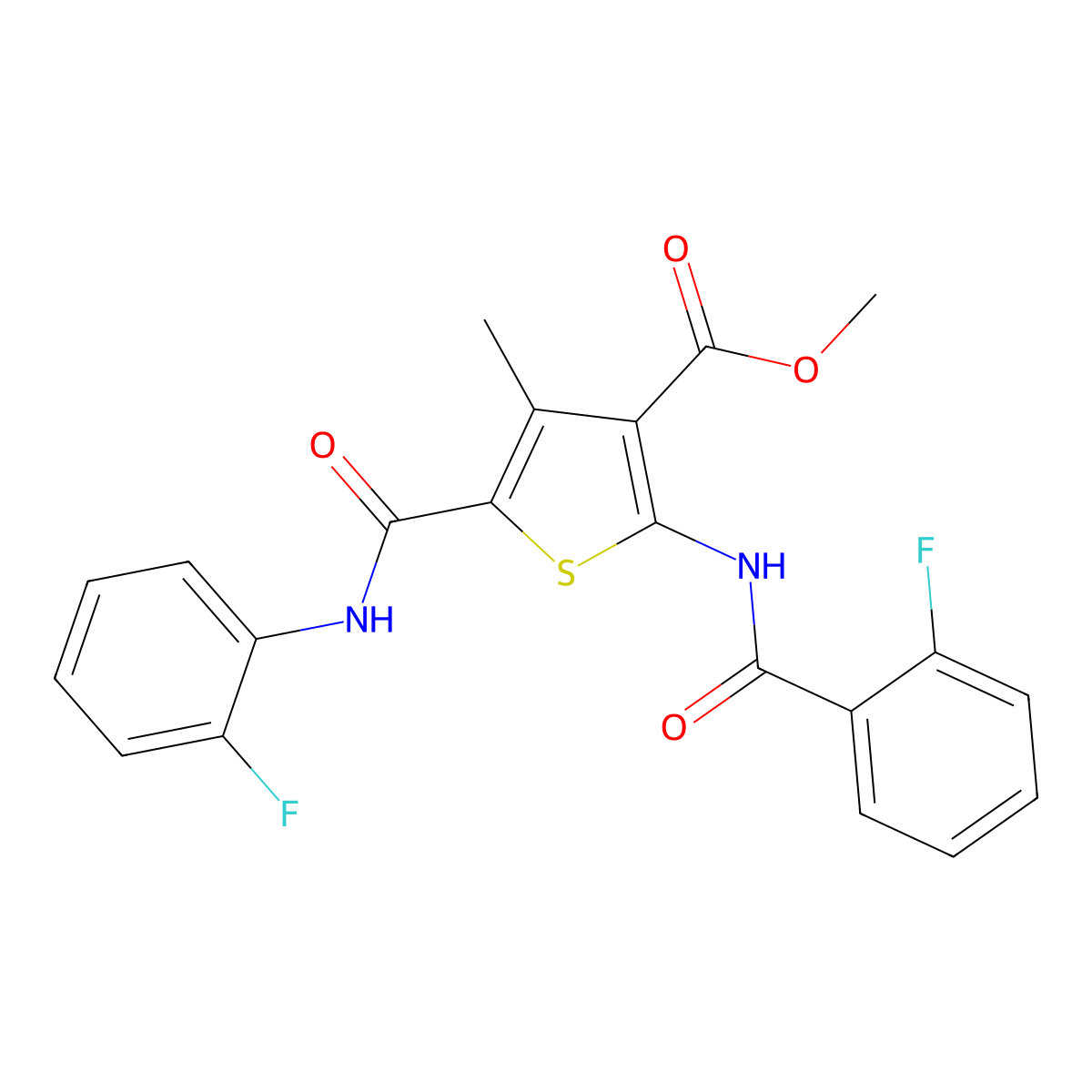 Methyl 2-(2-fluorobenzamido)-5-((2-fluorophenyl)carbamoyl)-4-methylthiophene-3-carboxylate molecular structure, CAS 335410-83-8