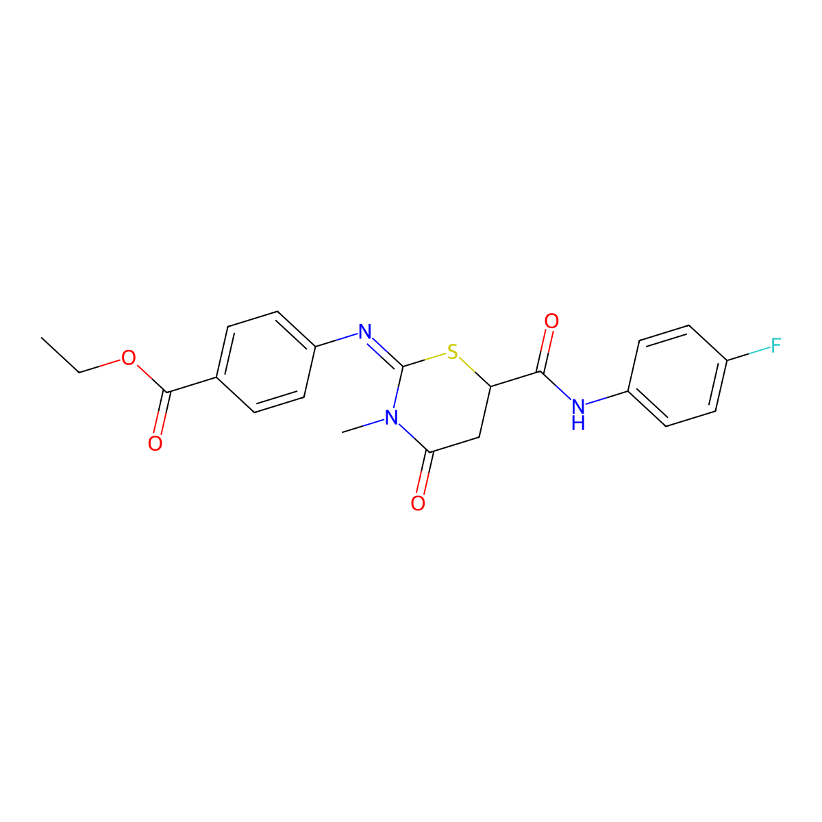 Ethyl 4-({6-[(4-fluoroanilino)carbonyl]-3-methyl-4-oxo-1,3-thiazinan-2-ylidene}amino)benzoate molecular structure, CAS 335419-50-6