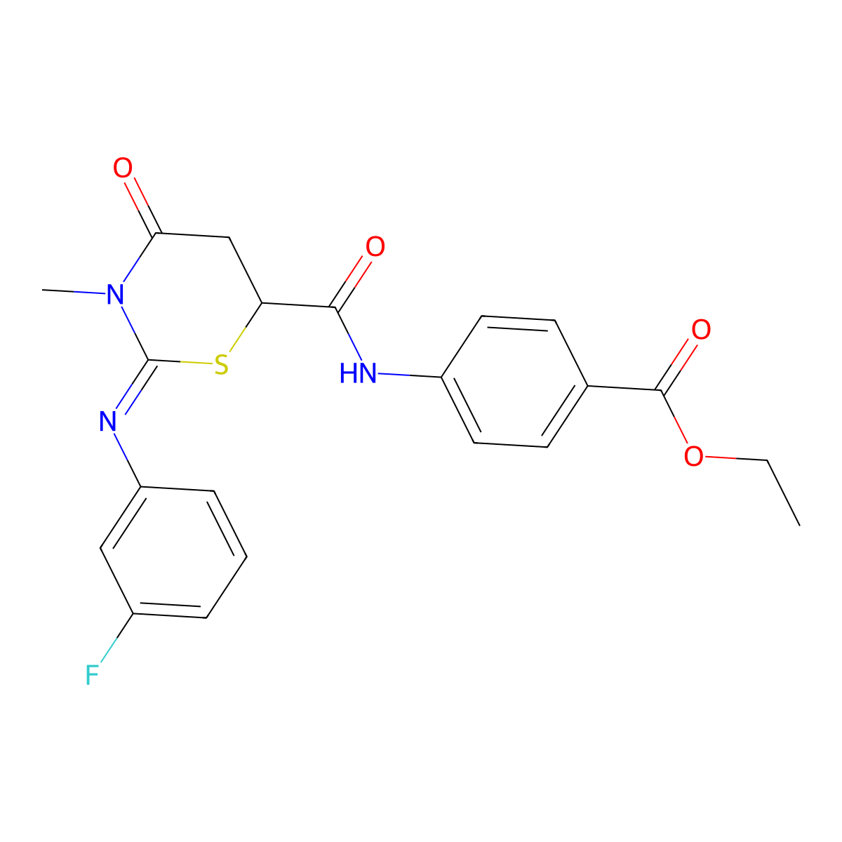 Ethyl 4-[({2-[(3-fluorophenyl)imino]-3-methyl-4-oxo-1,3-thiazinan-6-yl}carbonyl)amino]benzoate molecular structure, CAS 335419-84-6