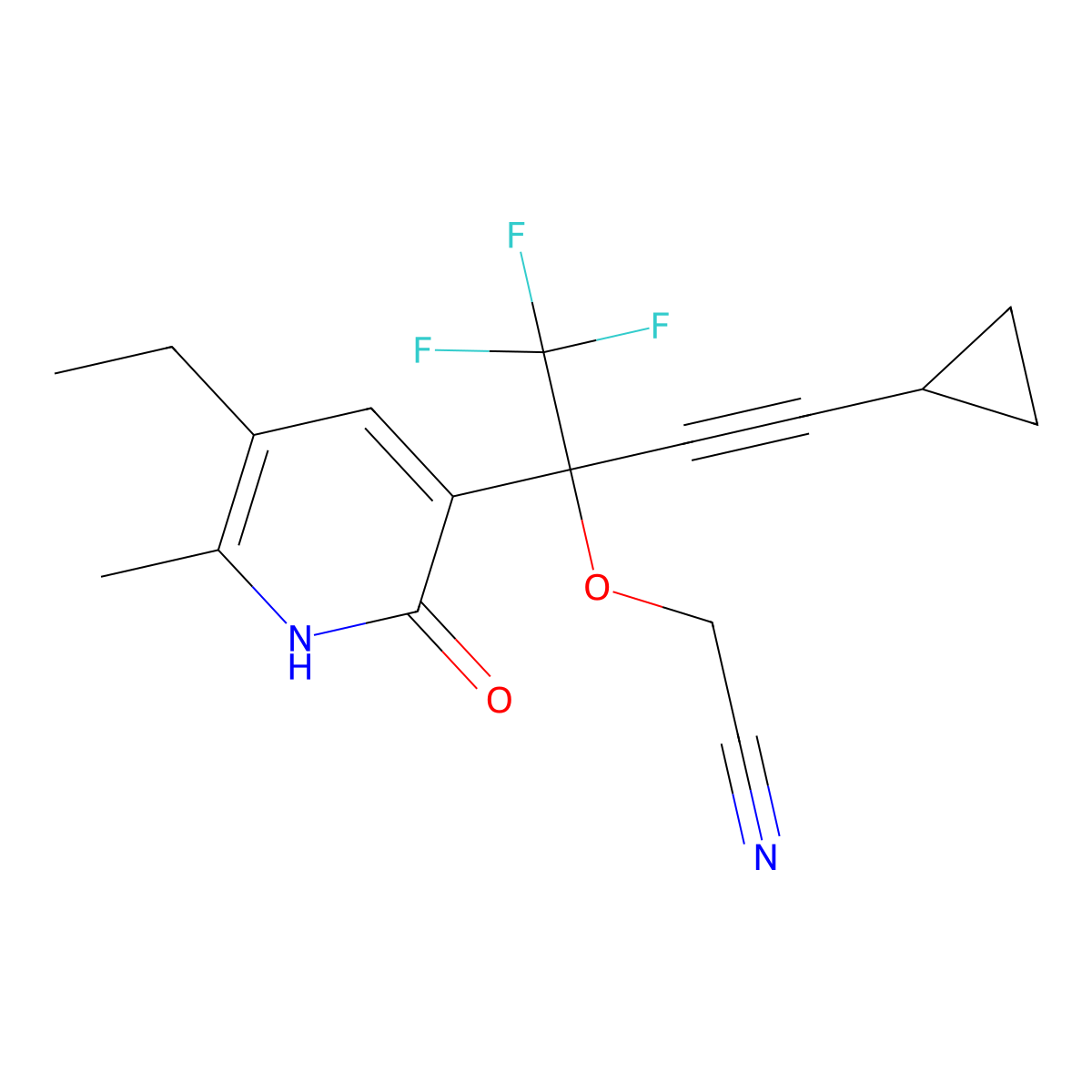Acetonitrile, ((3-cyclopropyl-1-(5-ethyl-1,2-dihydro-6-methyl-2-oxo-3-pyridinyl)-1-(trifluoromethyl)-2-propynyl)oxy)- molecular structure, CAS 335665-90-2