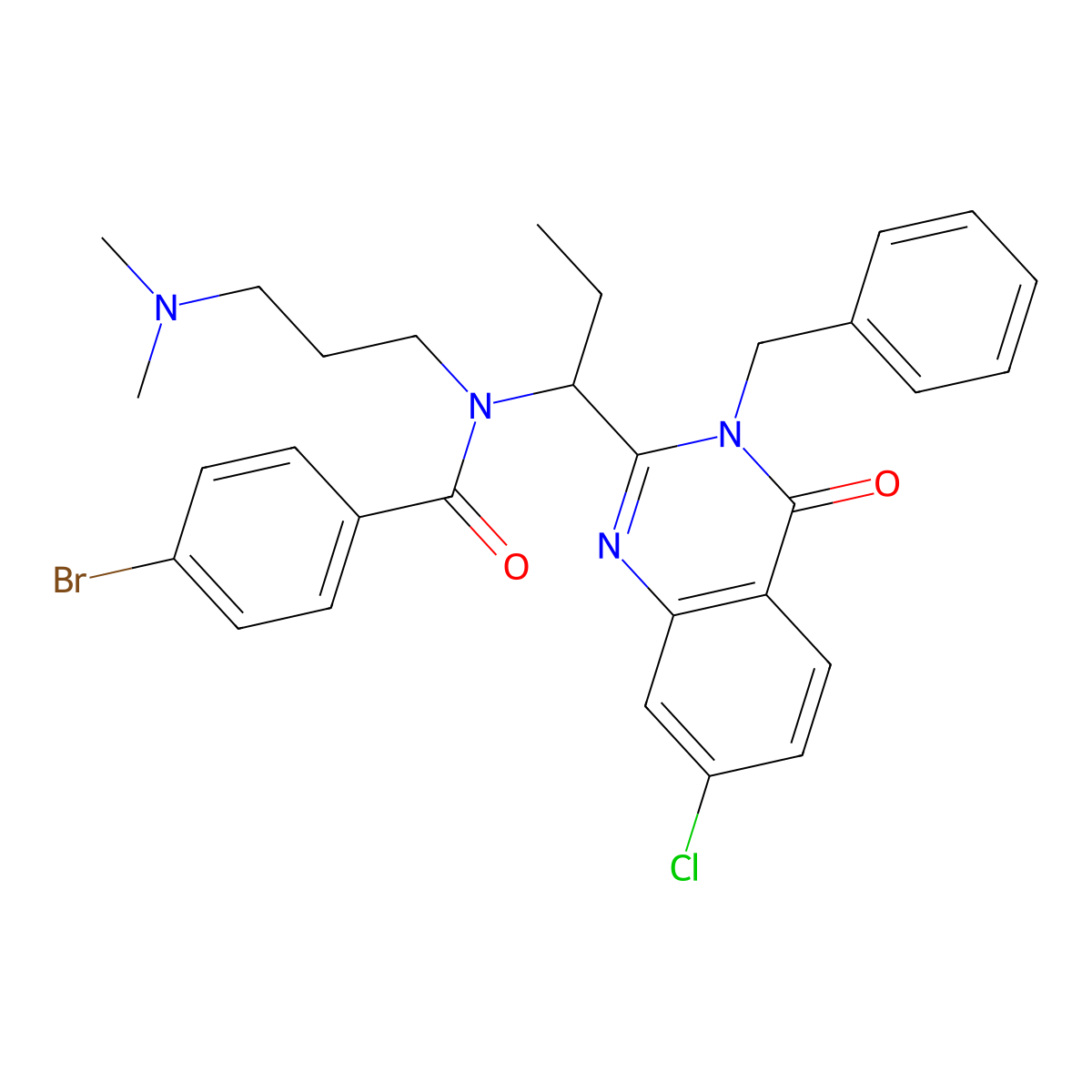 Benzamide, 4-bromo-N-(1-(7-chloro-3,4-dihydro-4-oxo-3-(phenylmethyl)-2-quinazolinyl)propyl)-N-(3-(dimethylamino)propyl)- molecular structure, CAS 336115-72-1