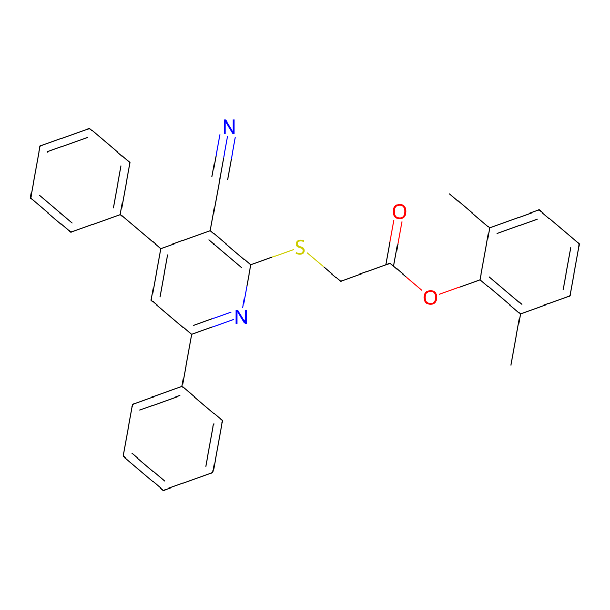 2,6-Dimethylphenyl 2-((3-cyano-4,6-diphenylpyridin-2-yl)thio)acetate molecular structure, CAS 336173-47-8