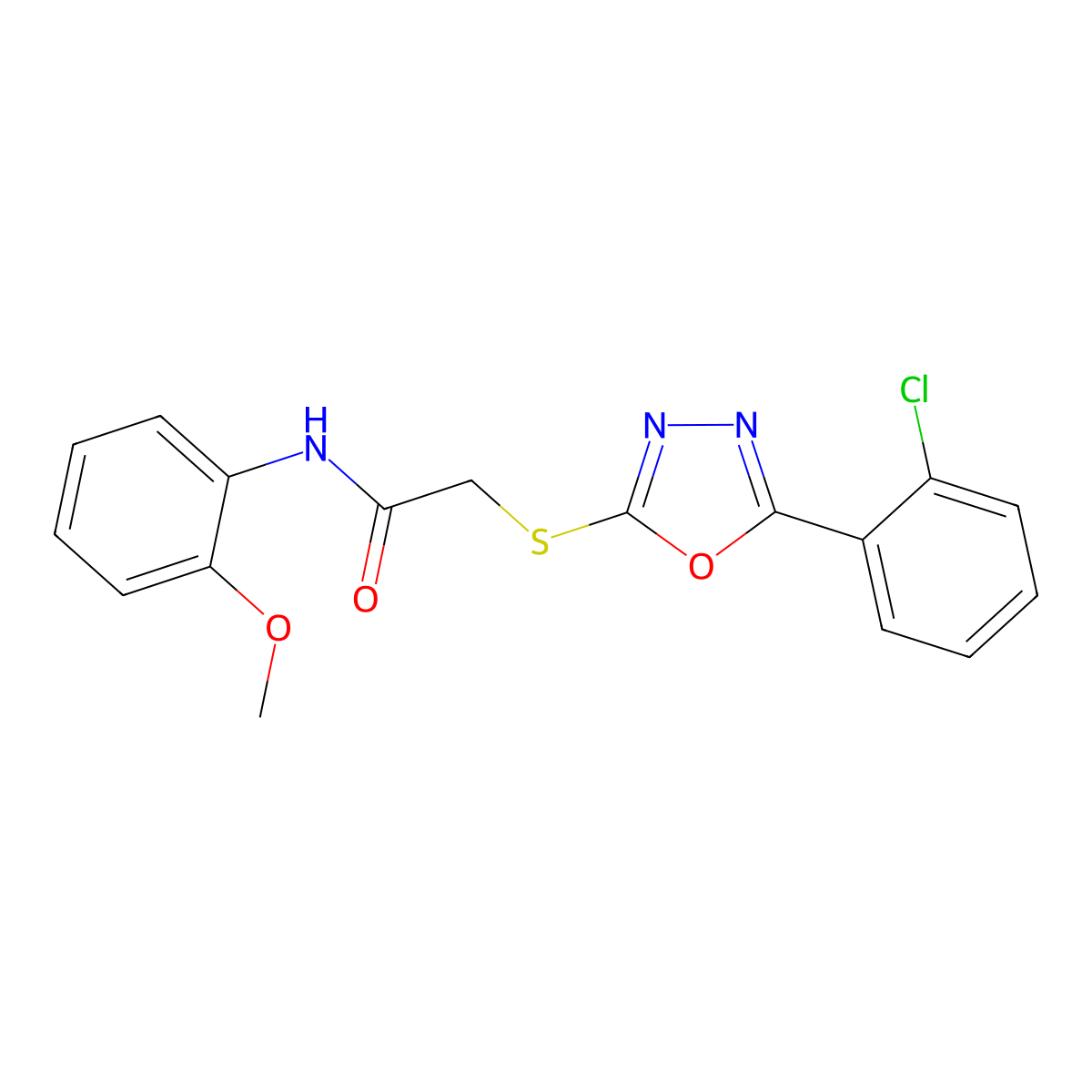 2-((5-(2-Chlorophenyl)-1,3,4-oxadiazol-2-yl)thio)-N-(2-methoxyphenyl)acetamide molecular structure, CAS 336173-82-1