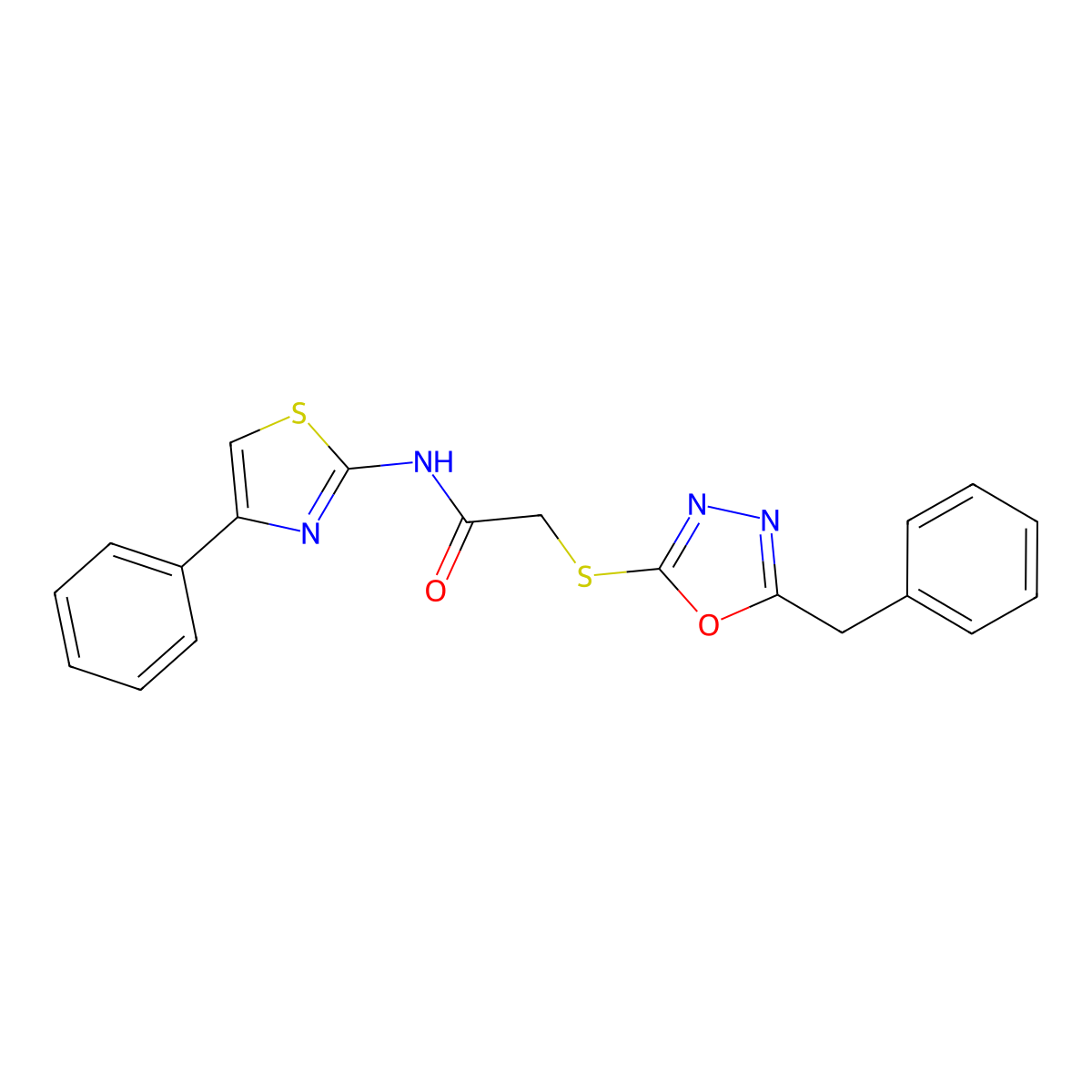 2-[(5-benzyl-1,3,4-oxadiazol-2-yl)sulfanyl]-N-(4-phenyl-1,3-thiazol-2-yl)acetamide molecular structure, CAS 336174-39-1
