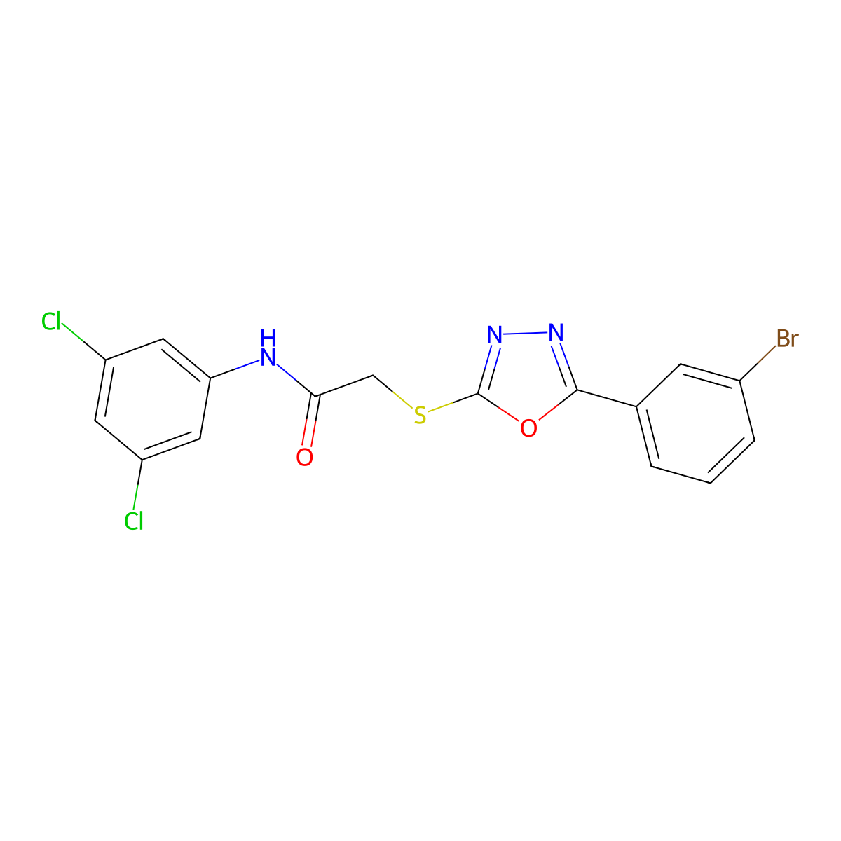 2-((5-(3-Bromophenyl)-1,3,4-oxadiazol-2-yl)thio)-N-(3,5-dichlorophenyl)acetamide molecular structure, CAS 336174-73-3