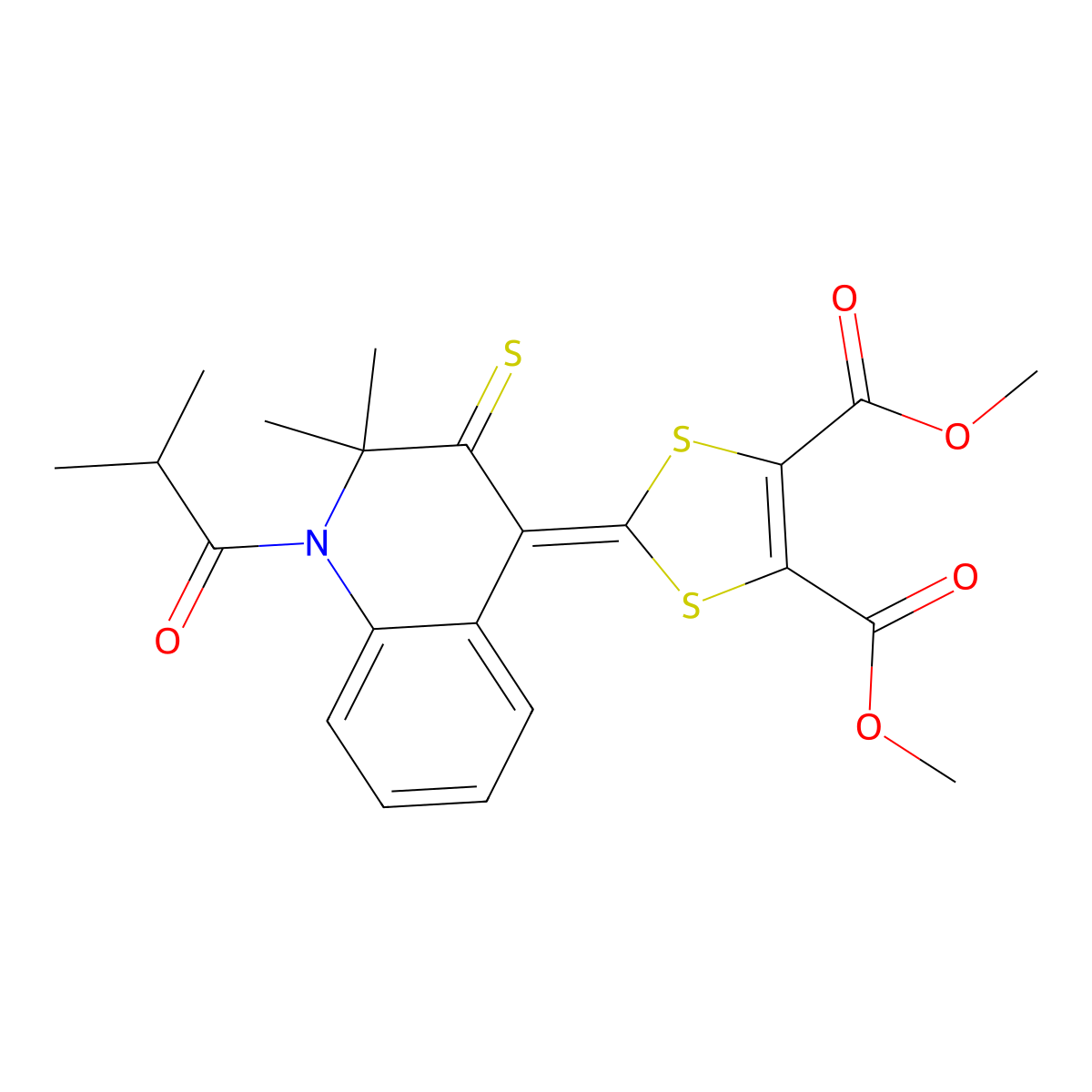 Dimethyl 2-[2,2-dimethyl-1-(2-methylpropanoyl)-3-sulfanylidenequinolin-4-ylidene]-1,3-dithiole-4,5-dicarboxylate molecular structure, CAS 336175-21-4