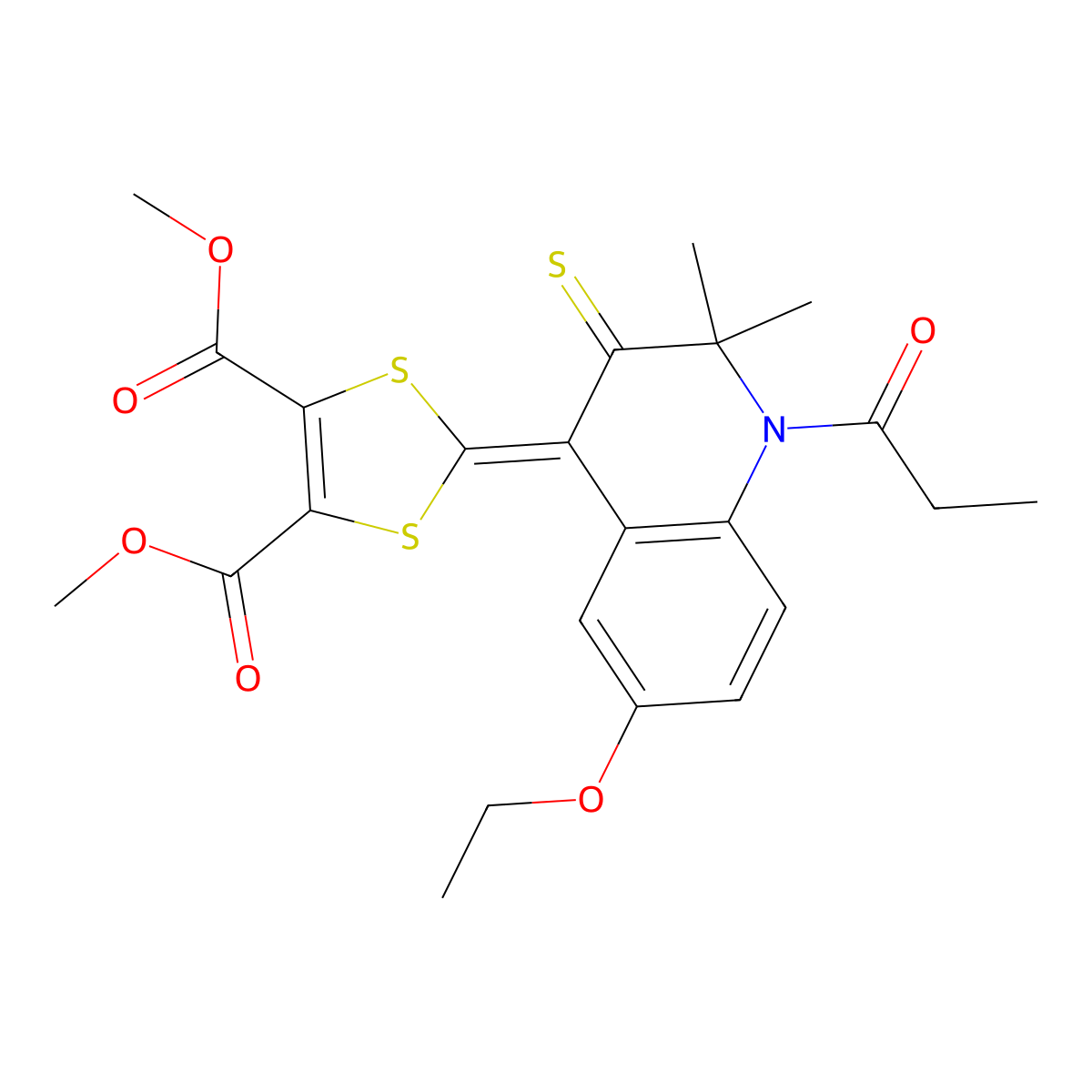 Dimethyl 2-(6-ethoxy-2,2-dimethyl-1-propanoyl-3-sulfanylidenequinolin-4-ylidene)-1,3-dithiole-4,5-dicarboxylate molecular structure, CAS 336175-41-8