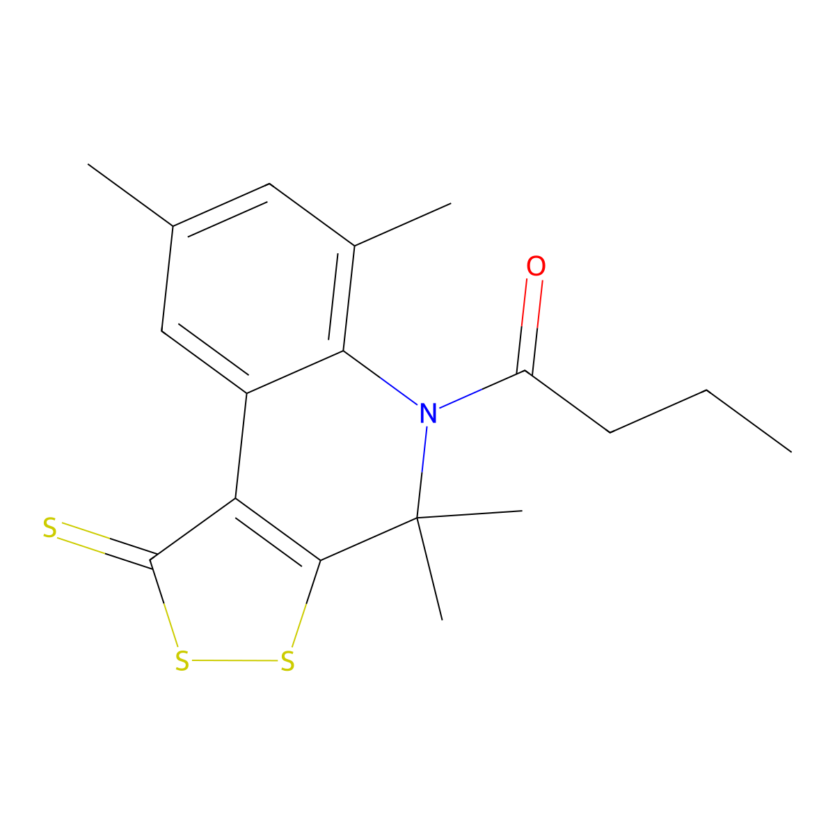 1-(4,4,6,8-tetramethyl-1-thioxo-1,4-dihydro-5H-[1,2]dithiolo[3,4-c]quinolin-5-yl)butan-1-one molecular structure, CAS 336175-84-9
