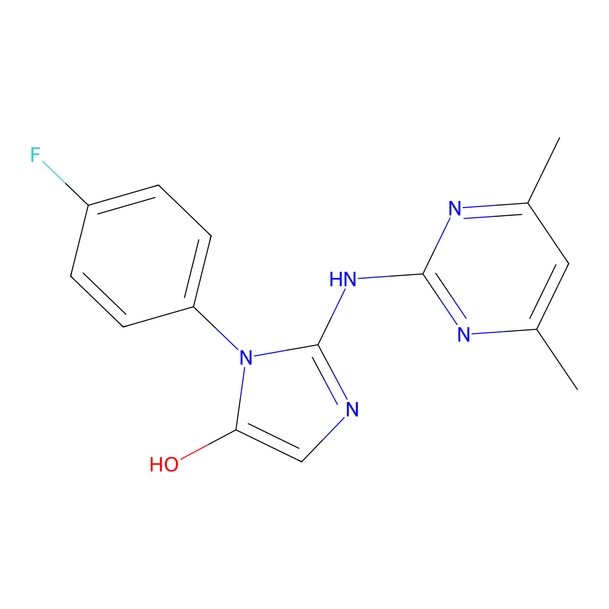 2-[(4,6-Dimethylpyrimidin-2-yl)amino]-3-(4-fluorophenyl)imidazol-4-ol molecular structure, CAS 336176-40-0