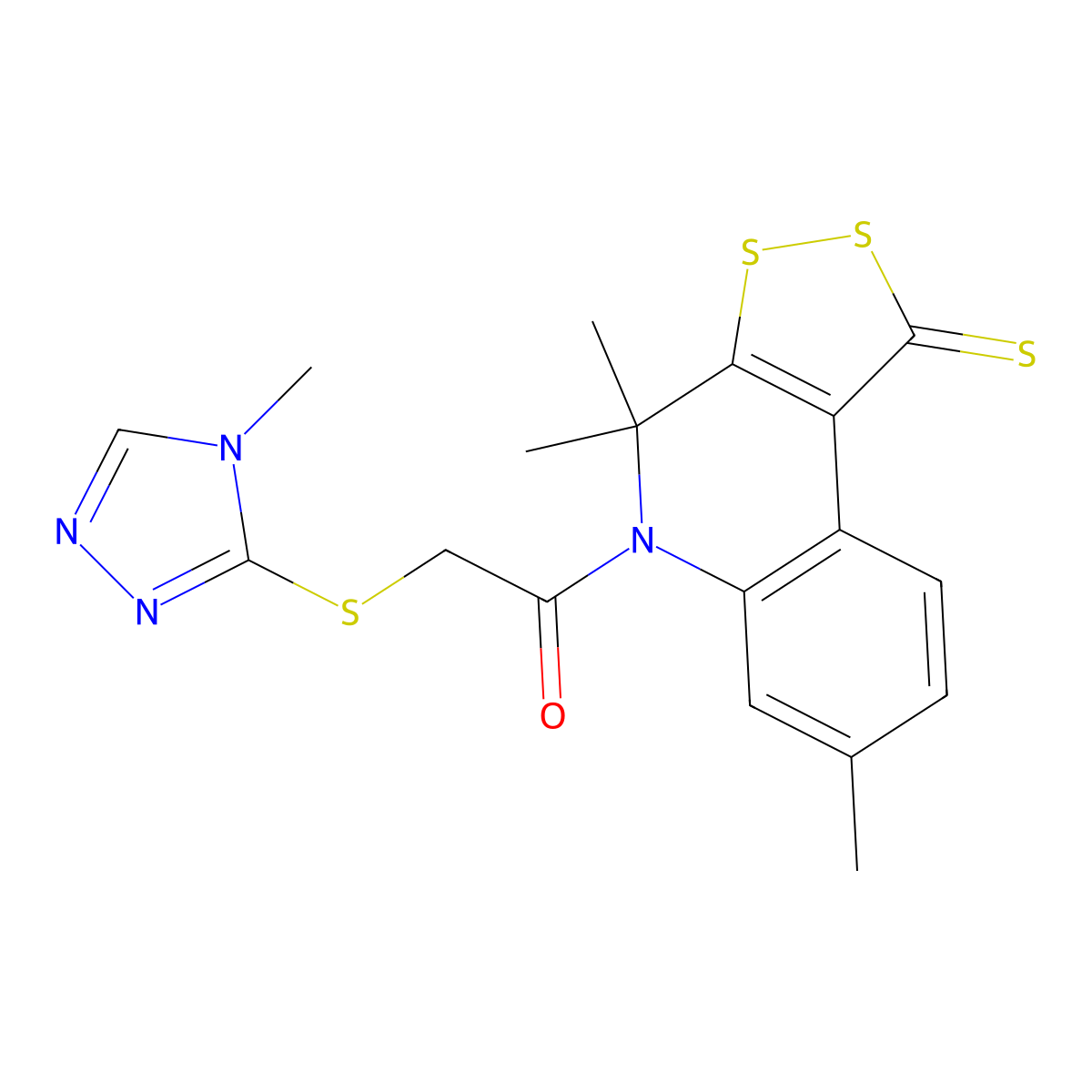 2-[(4-Methyl-1,2,4-triazol-3-yl)sulfanyl]-1-(4,4,7-trimethyl-1-sulfanylidenedithiolo[3,4-c]quinolin-5-yl)ethanone molecular structure, CAS 336176-78-4