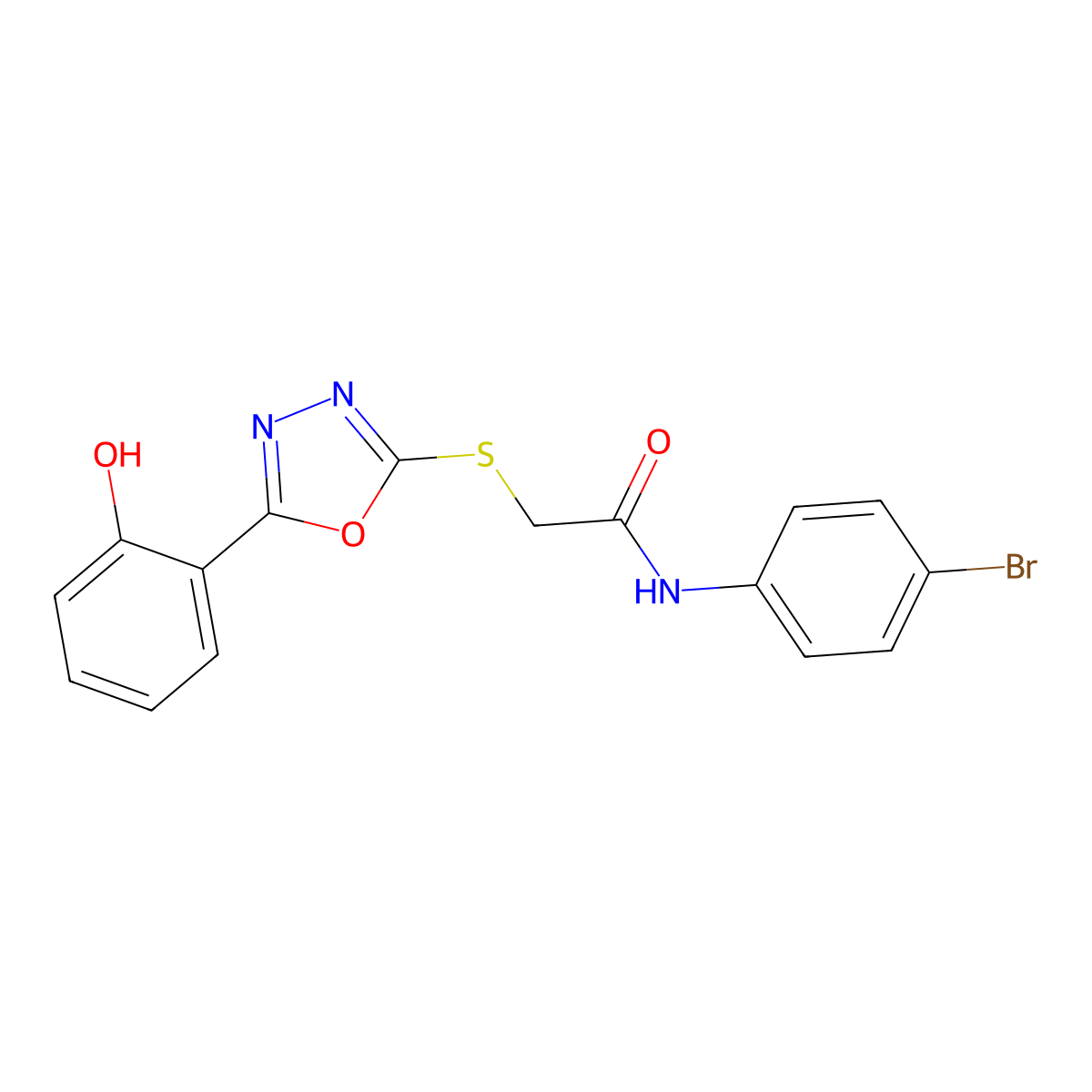 N-(4-Bromophenyl)-2-((5-(2-hydroxyphenyl)-1,3,4-oxadiazol-2-yl)thio)acetamide molecular structure, CAS 336180-02-0