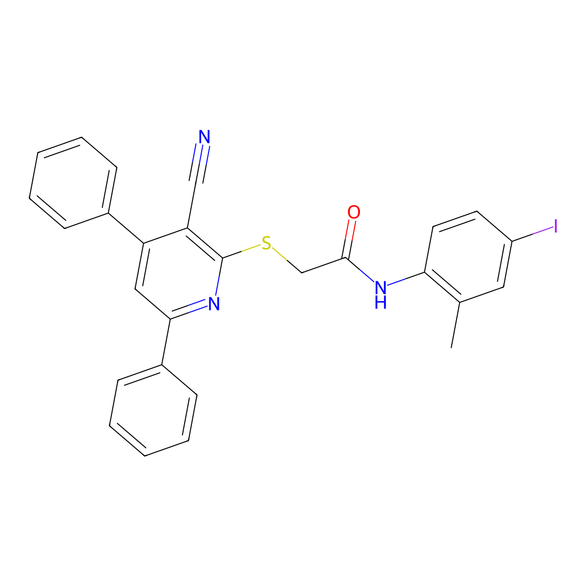 2-((3-Cyano-4,6-diphenylpyridin-2-yl)thio)-N-(4-iodo-2-methylphenyl)acetamide molecular structure, CAS 336180-22-4